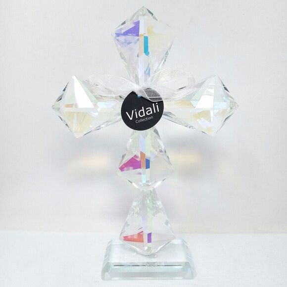 NWT Vidali Iridescent 8.5" Tall Crystal Cross Paperweight Wedding Baptism Decor - Picture 1 of 7